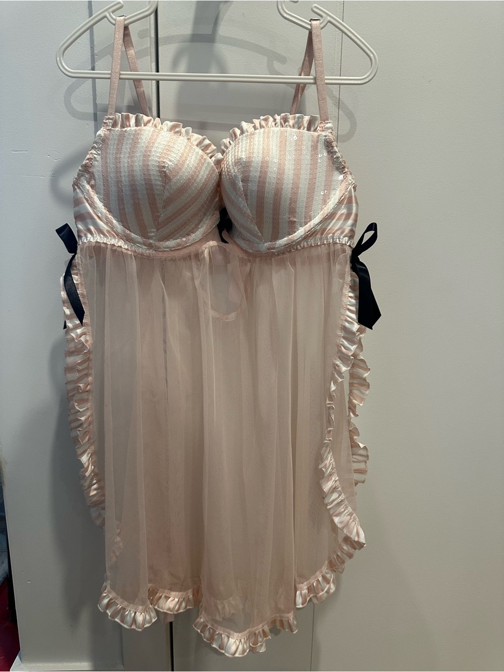 Victoria's Secret Pink Sheer Striped Bust Babydoll with Black Ribbon Accents